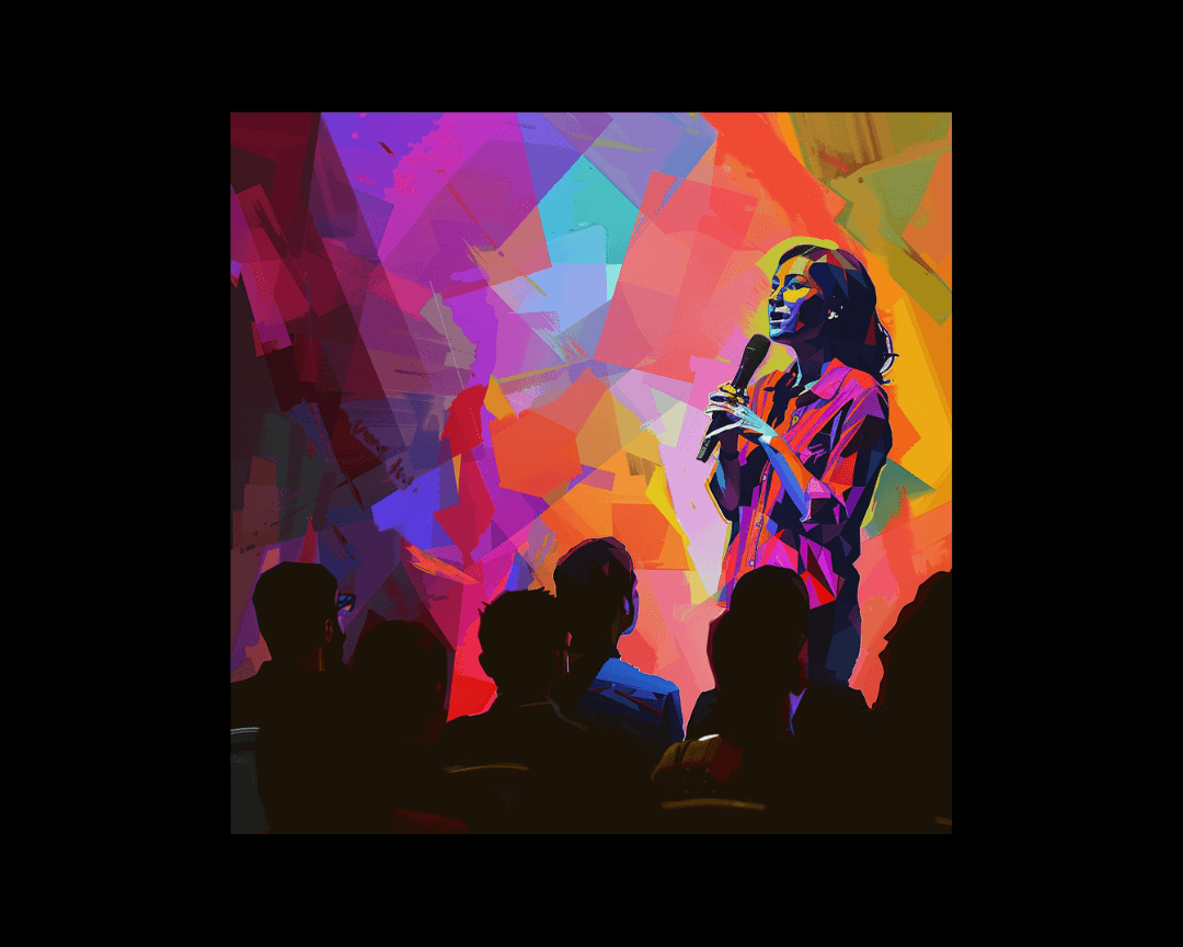 A woman speaking in front of an audience in WPAP style.