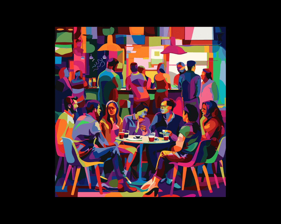 Groups of people in a coffee shop in WPAP style.