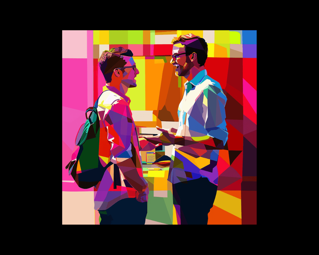 Two men—a customer and a salesman— talking in WPAP style.