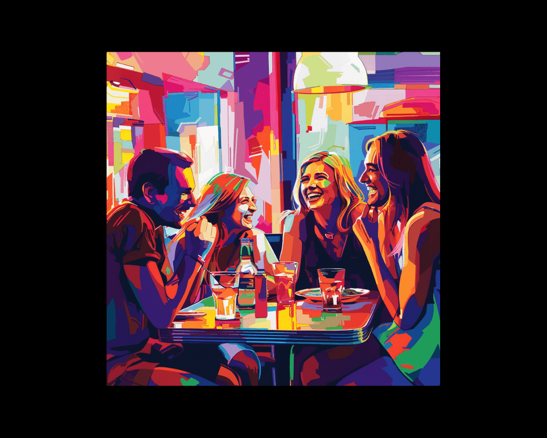 People sitting in a diner laughing in WPAP style.