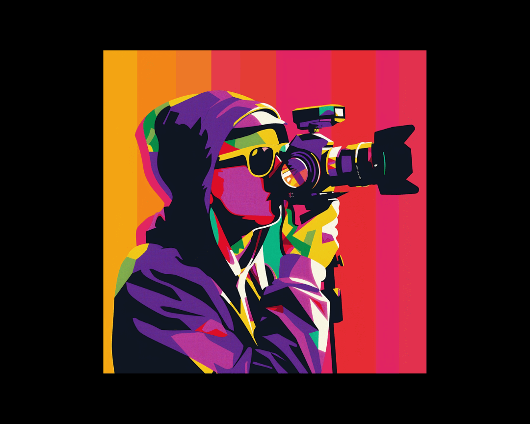 A man in sunglasses and a hoodie filming with a DSLR camera in WPAP style.