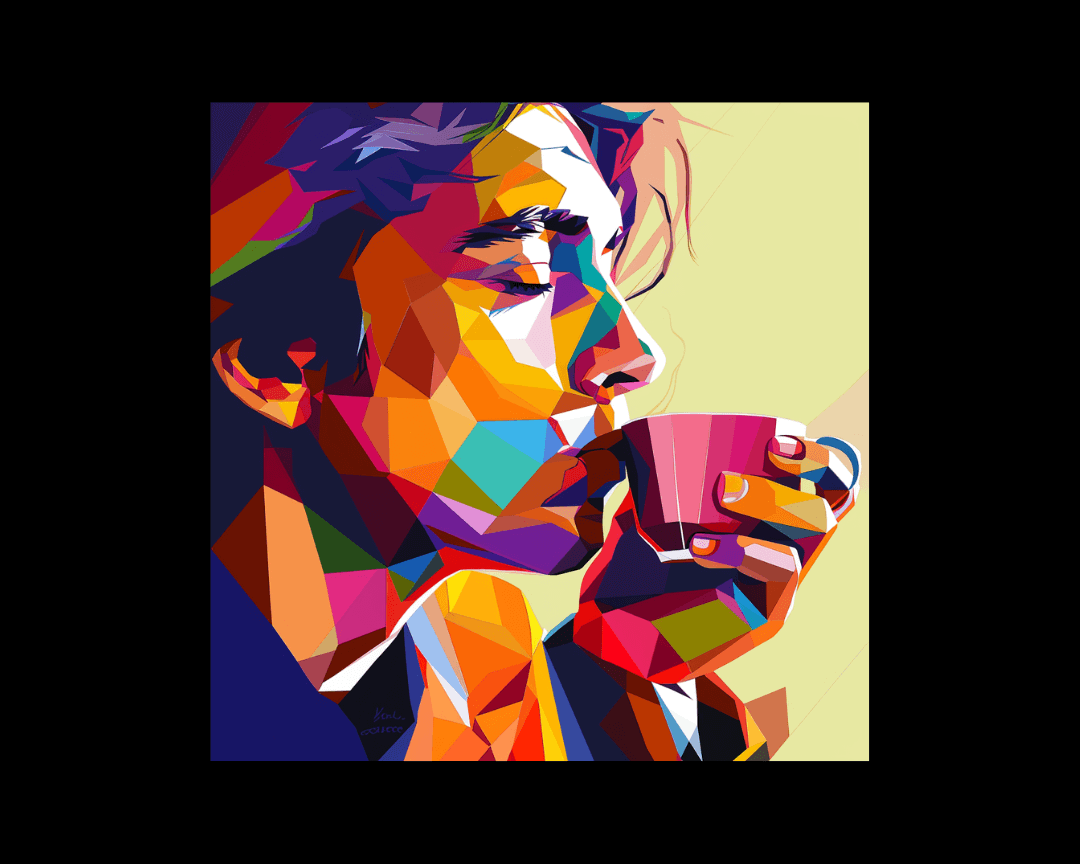 A person drinking coffee in WPAP style.