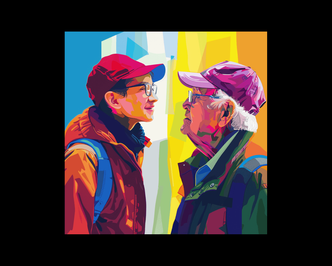 A younger person talking to an older person in WPAP style.