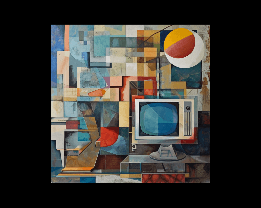 An early 2000s-era computer in cubism style.