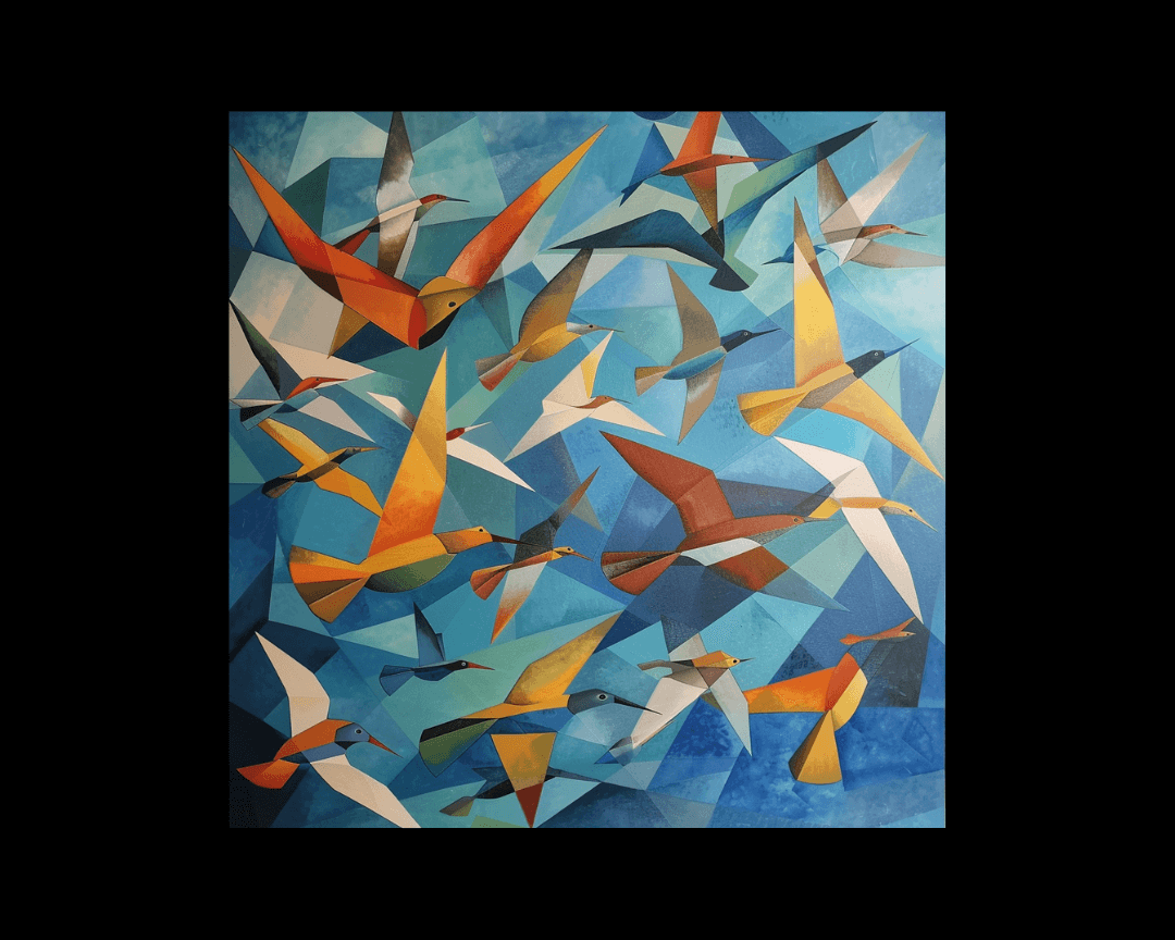 Birds flying in the sky in cubism style.