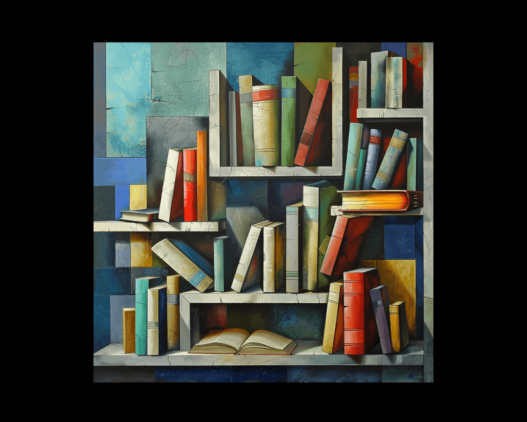 A shelf of books in cubism style.