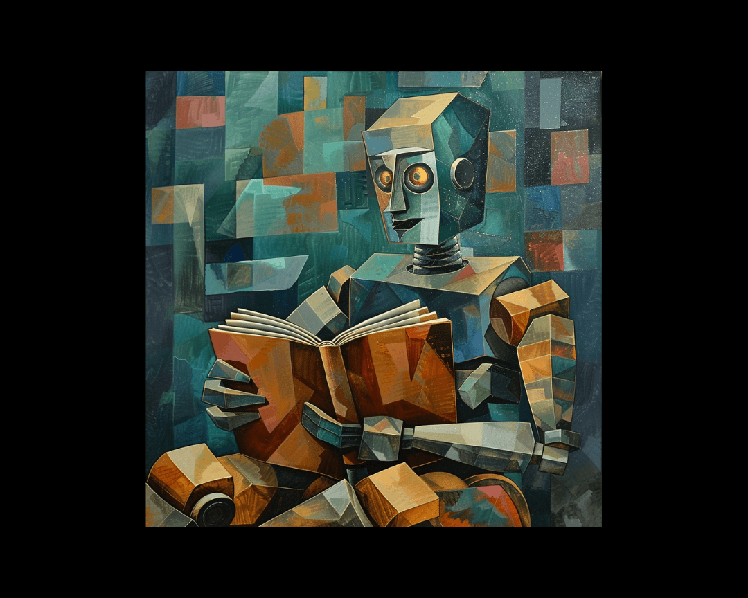 A robot reading a book in cubism style.