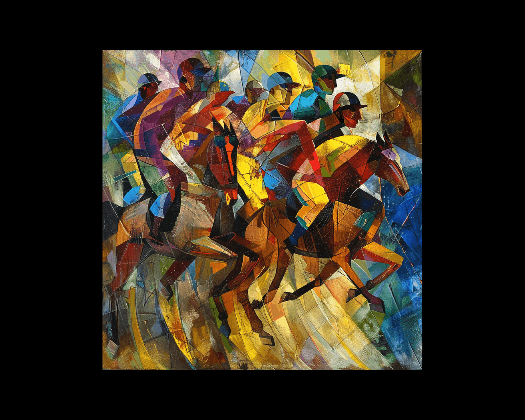 Horse jockeys during a race in cubism style.