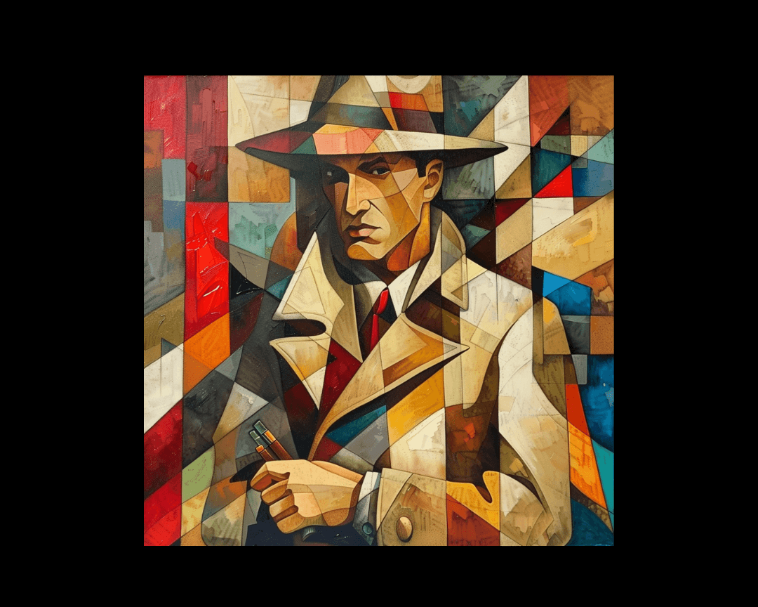 A detective in a trench coat and hat in cubism style.