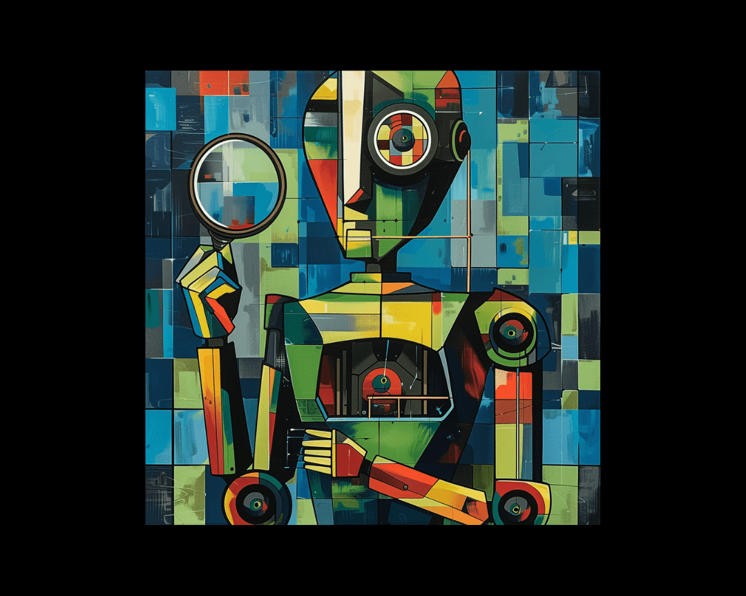 A robot with a magnifying glass in cubism style.