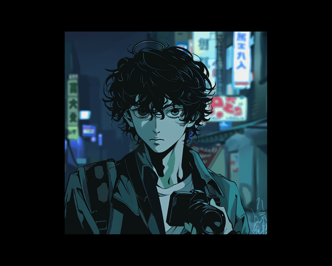 A young man holding a DSLR camera at night in dark, edgy anime style.