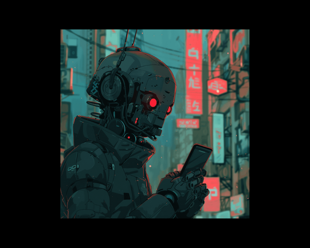 A robot using a phone in dark, edgy anime style.