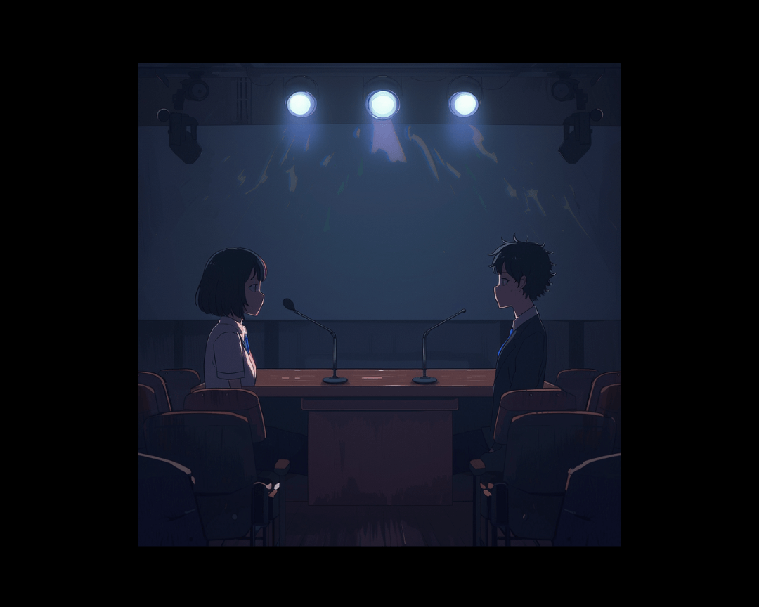 Two people at a debate competition in dark, edgy anime style.