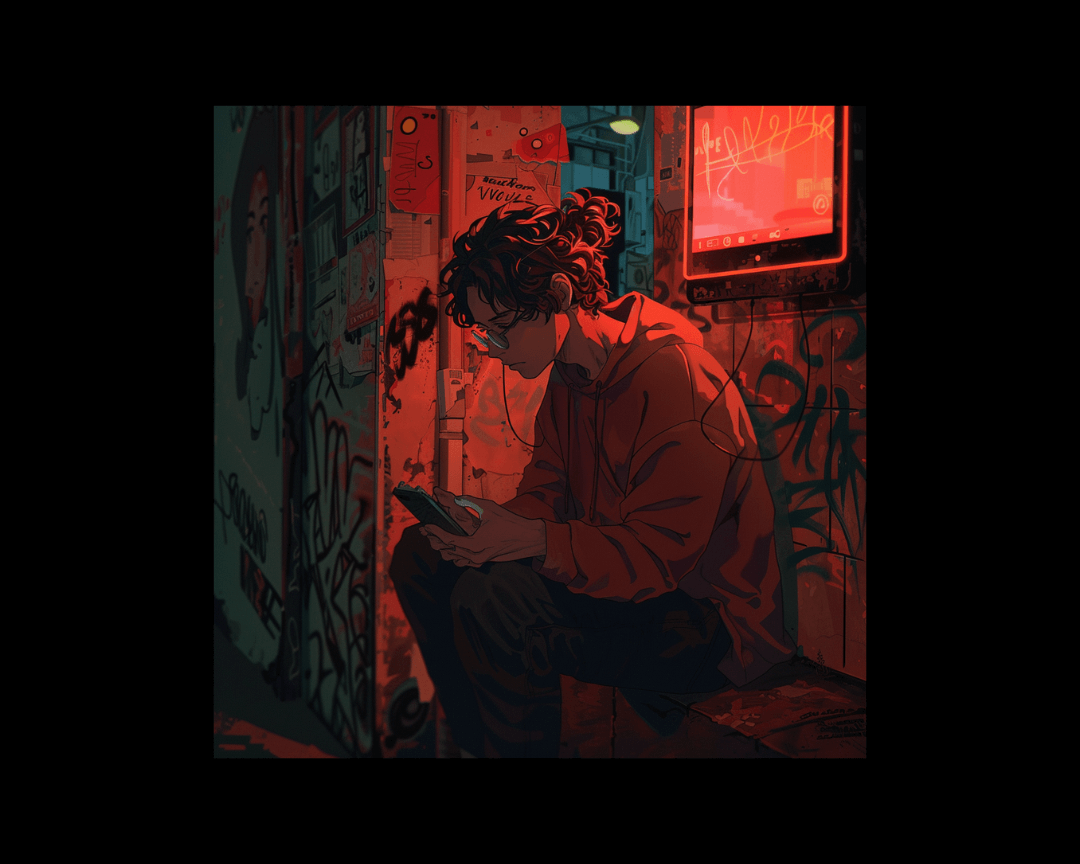 A young man backlit by red looking on his phone in dark, edgy anime style.