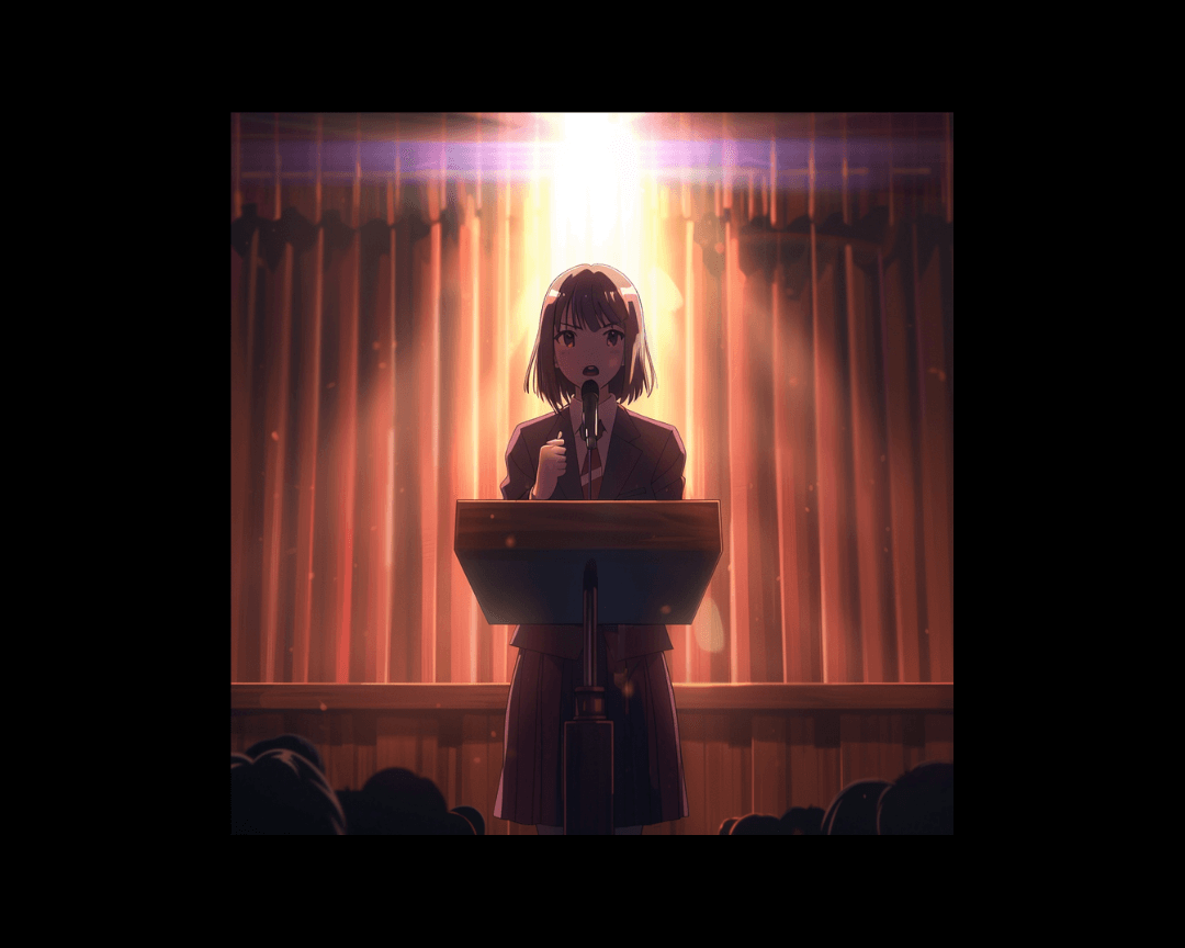 A school president giving a speech at a podium in dark edgy anime style.