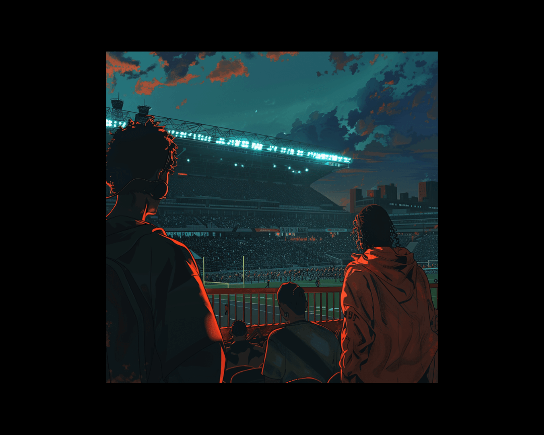 People at a football stadium in dark edgy anime style.