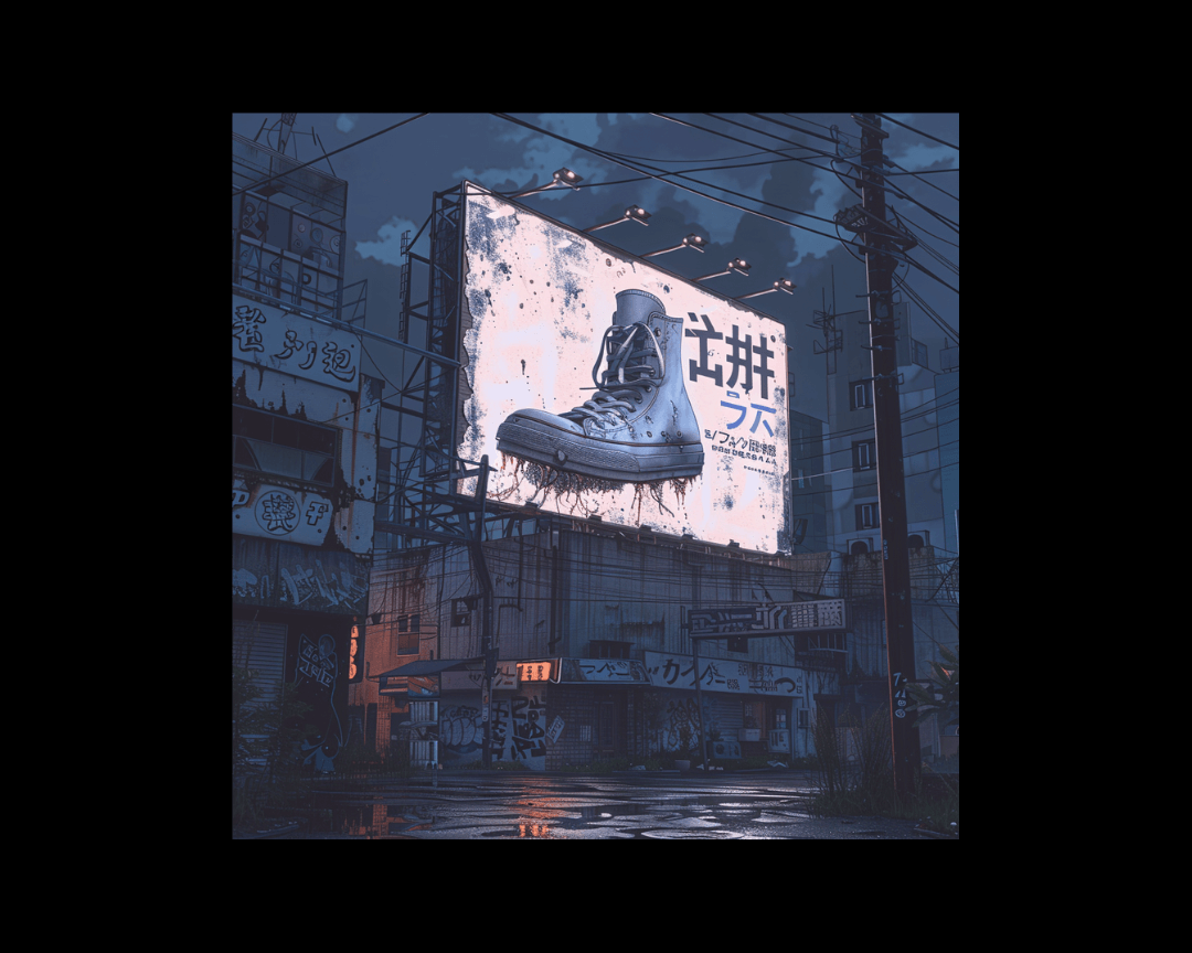 A shoe advertisement on a billboard at night in dark, edgy anime style.