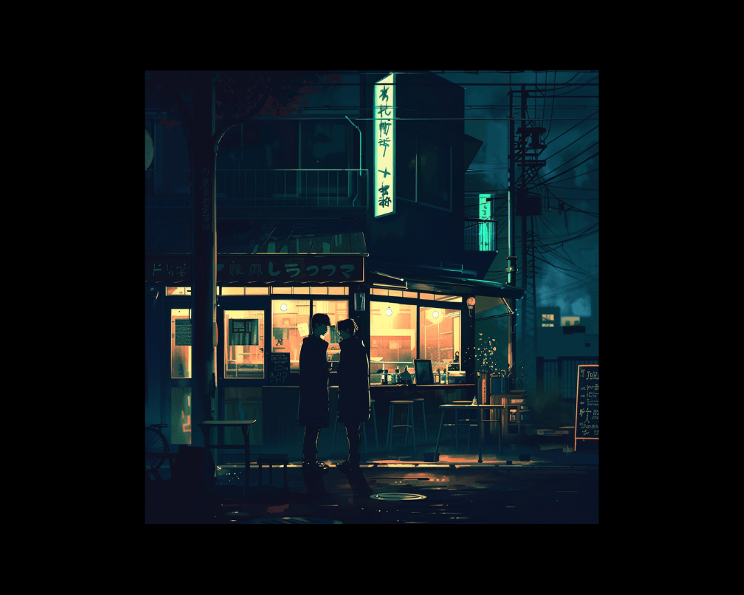 Two business people talking outside of a restaurant in dark, edgy anime style.