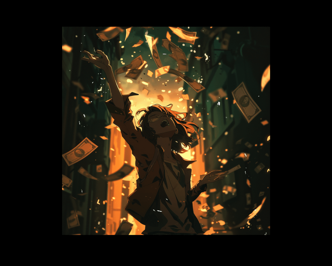 A person throwing money in the air in dark, edgy anime style.