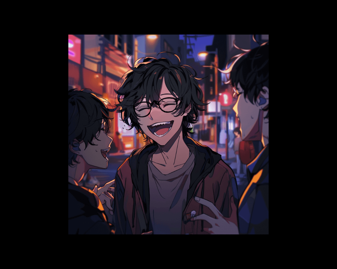 A group of friends laughing together in a dark, edgy anime style.