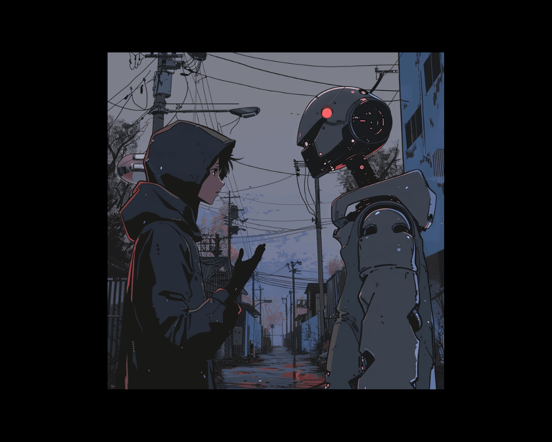 A human talking to a robot in a dark edgy anime style.
