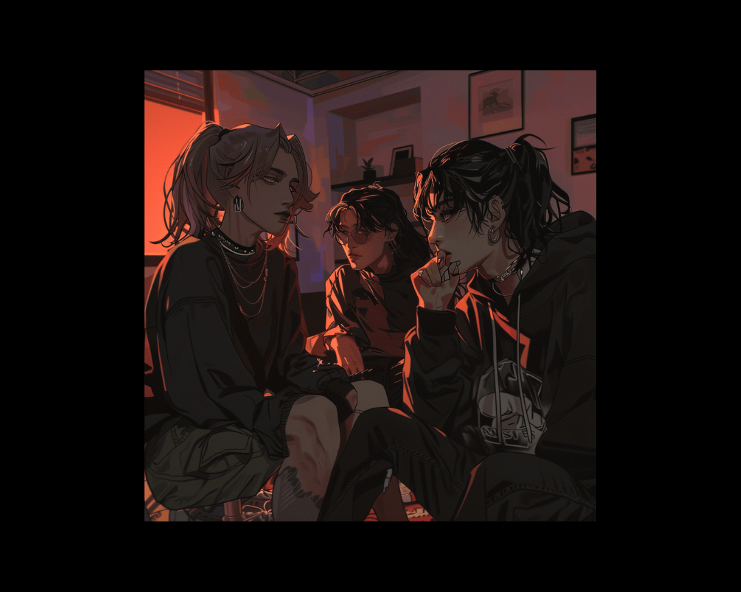 Fashionable teens hanging out in a dark-lit living room in dark edgy anime style.