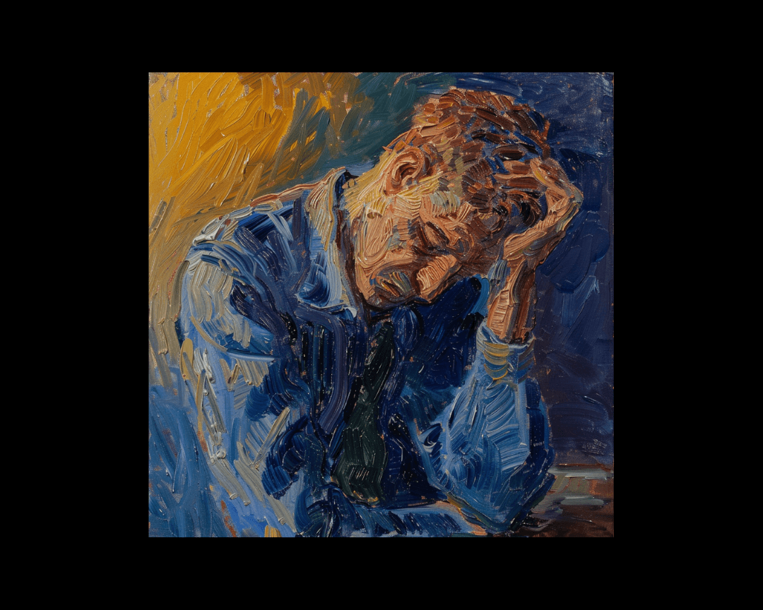 A man visibly sad, holding his head in his hand in an impressionist oil painting style.