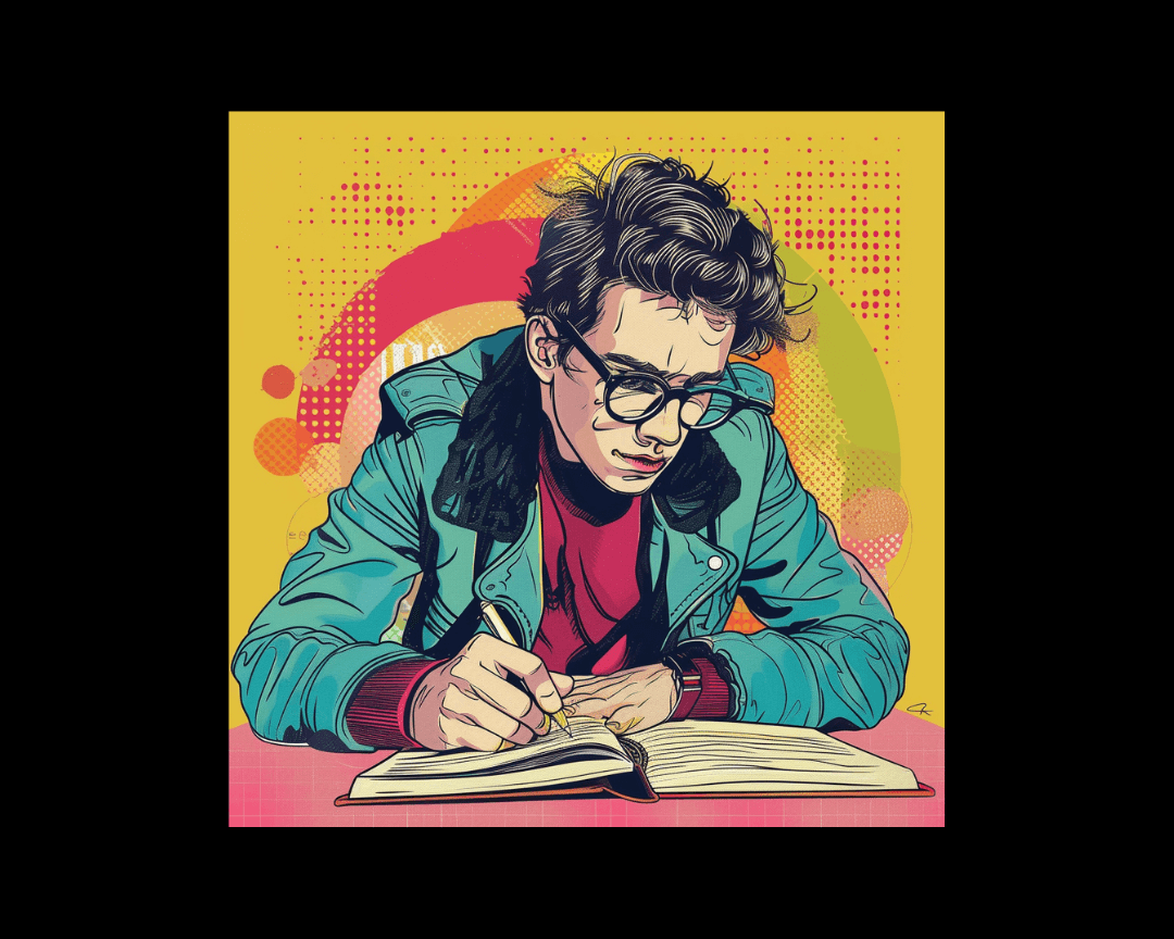 A man writing poetry in pop art style.