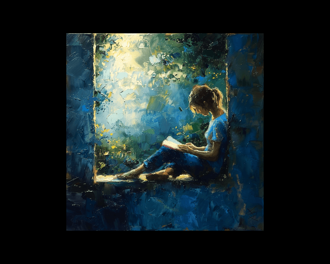 A teenager reading while sitting in a window sill in an impressionist oil painting style.