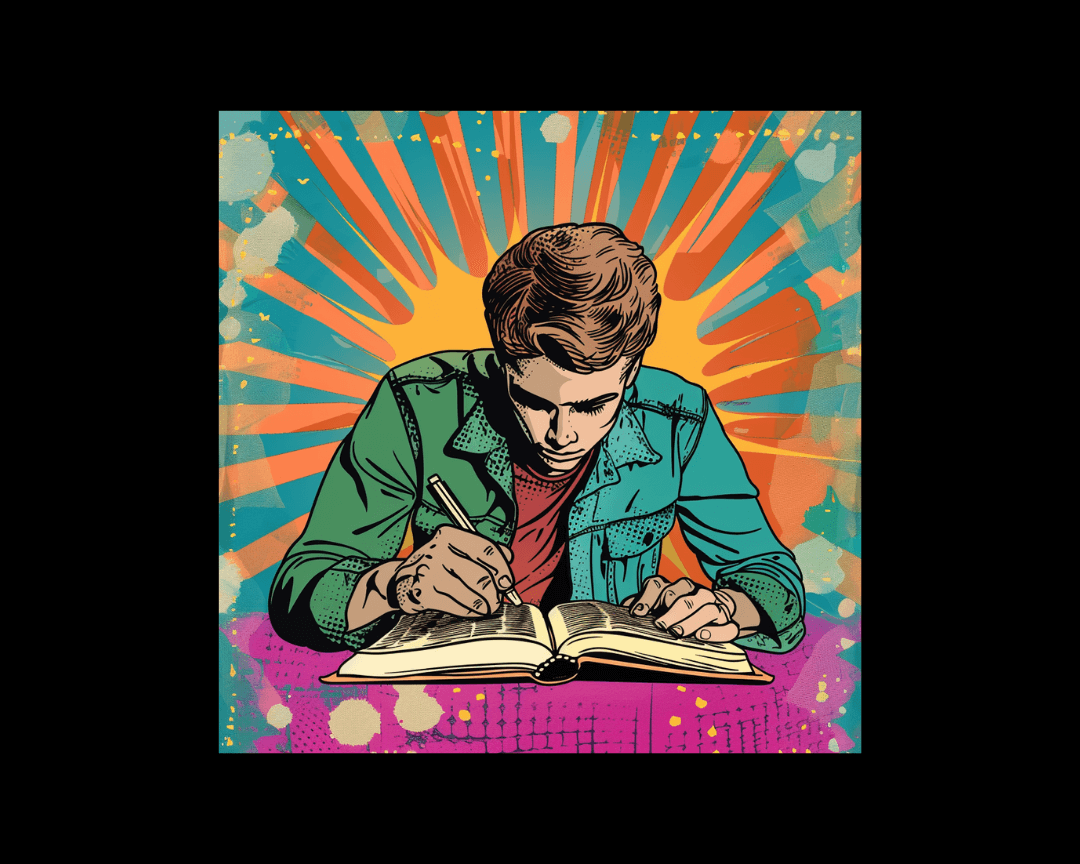 A teenage boy writing in a book in pop art style.