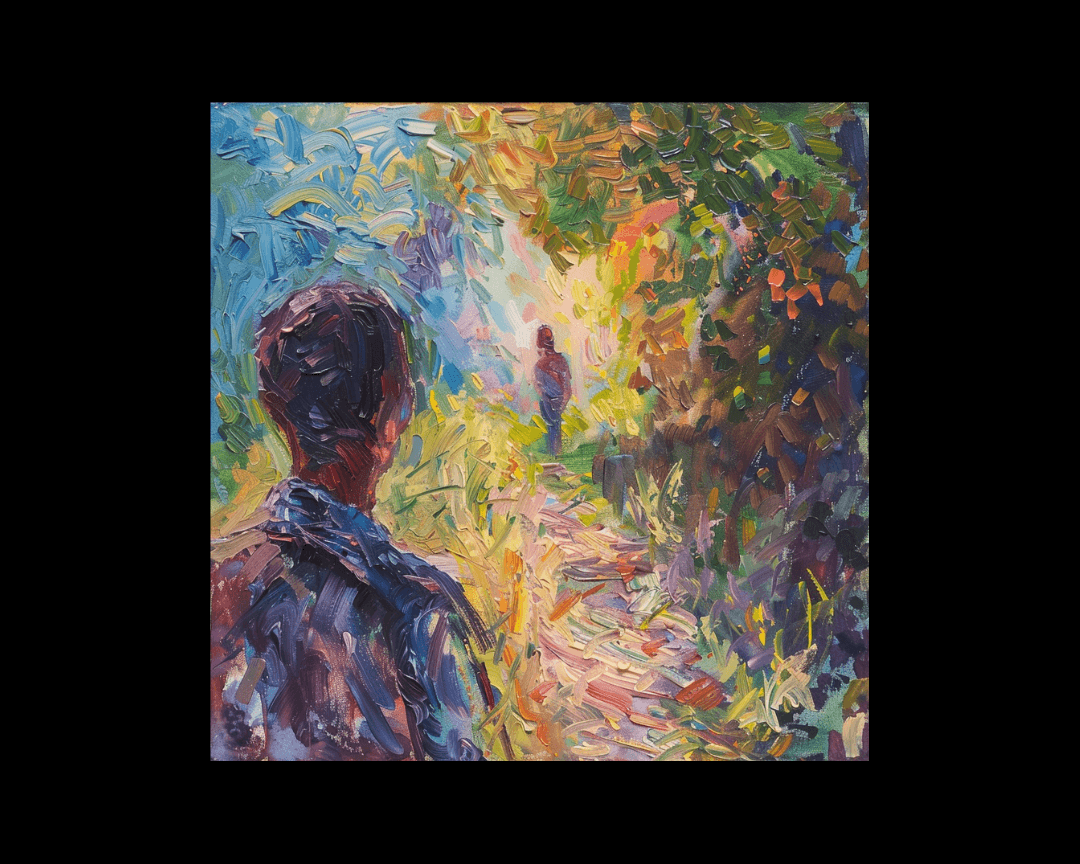 One person calling out to another person in the distance in an impressionist oil painting style.