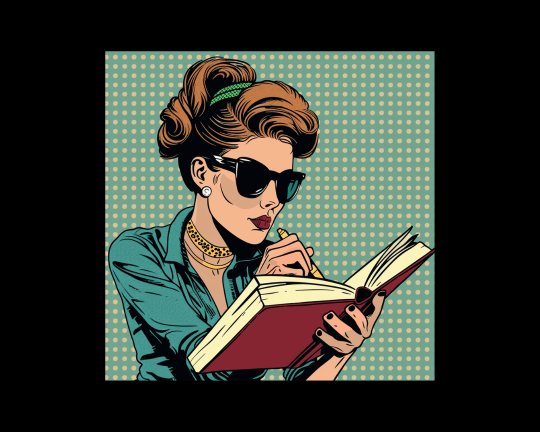 A woman annotating a book in pop-art style.