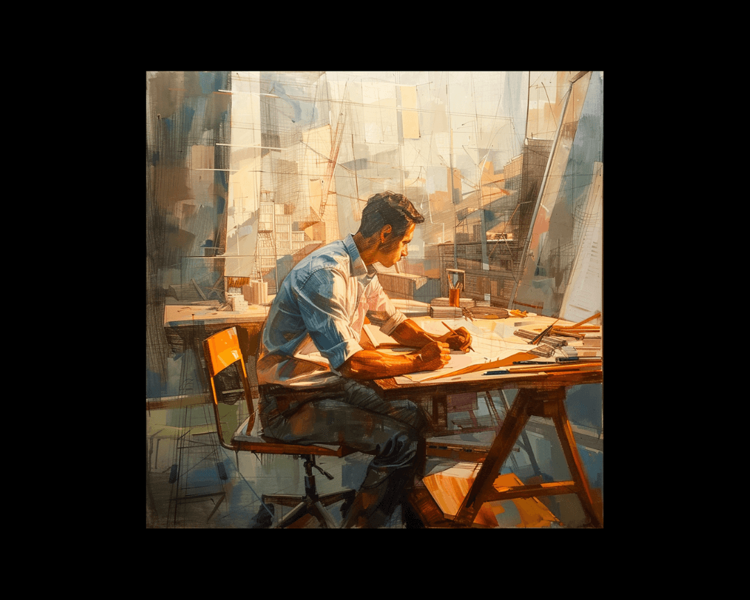 An architect sitting at a table, designing a building in an impressionist oil painting style.
