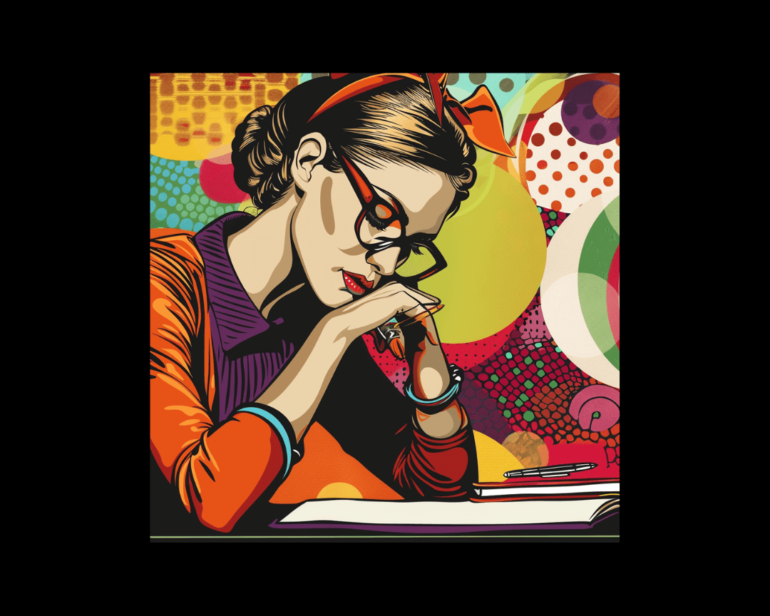 A woman with glasses reading a book.