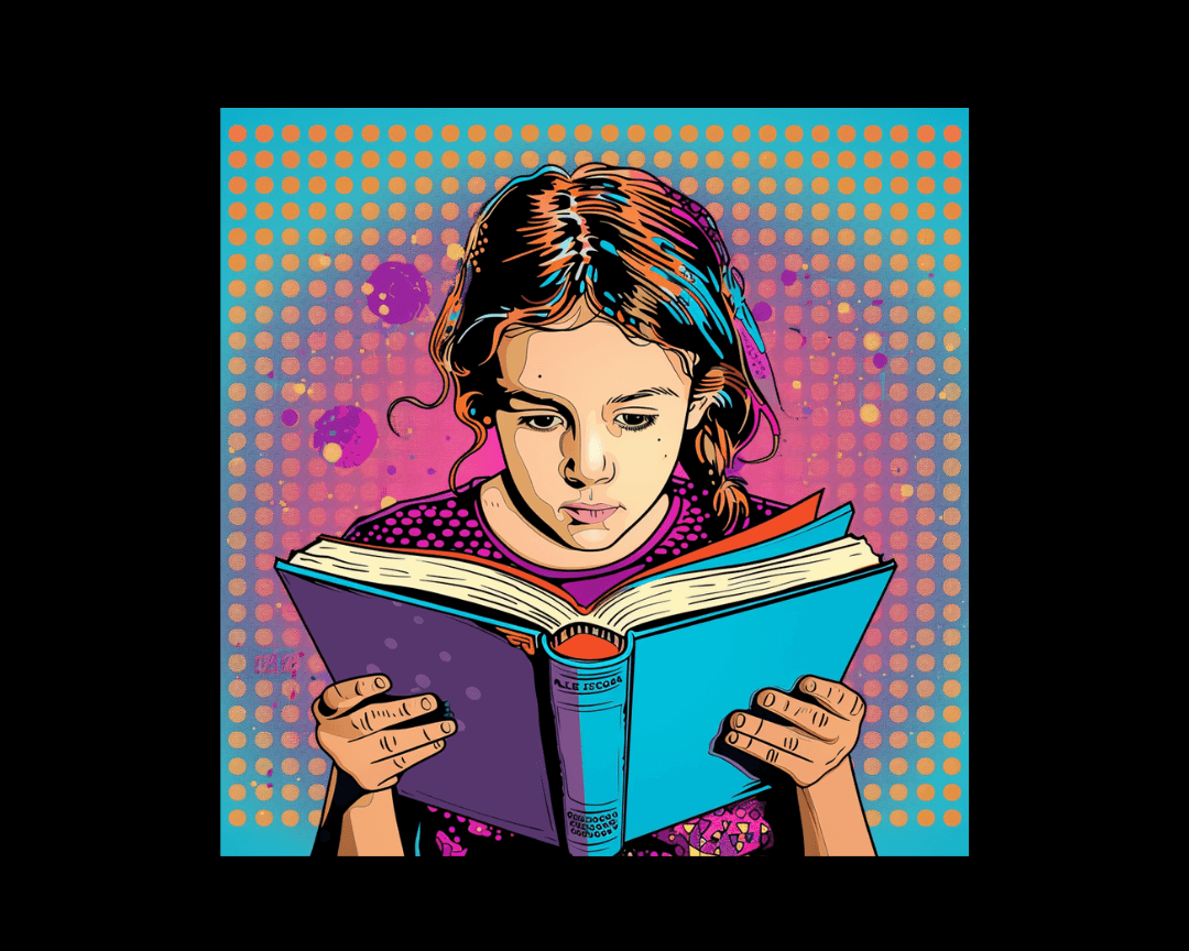 A child reading a book in pop art style.