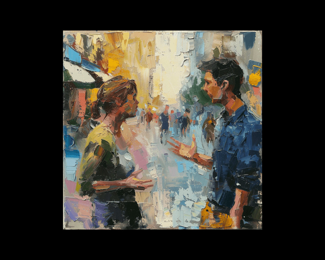 Two people arguing in an impressionist oil painting style.