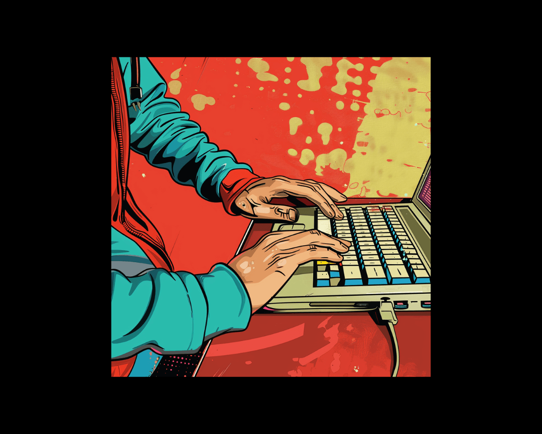 A close up of someone's hands as they type on a computer in pop art style.
