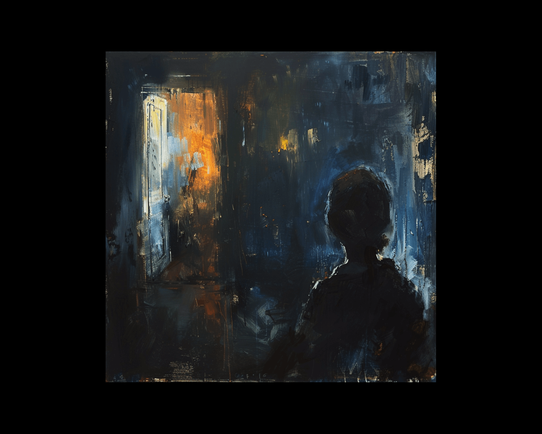 A person looking into a dark room in an impressionist oil painting style.