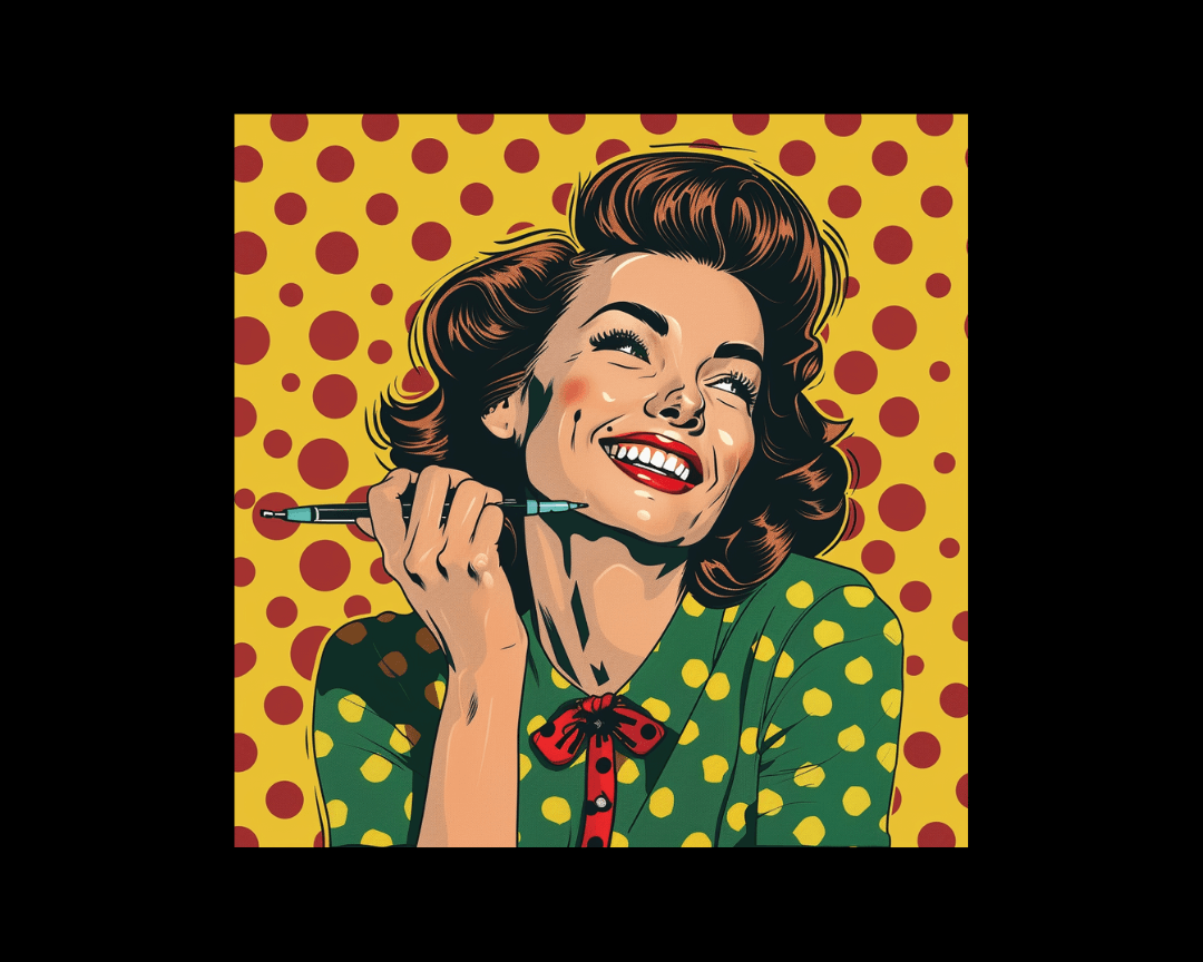 A woman smiling and writing in pop art style.