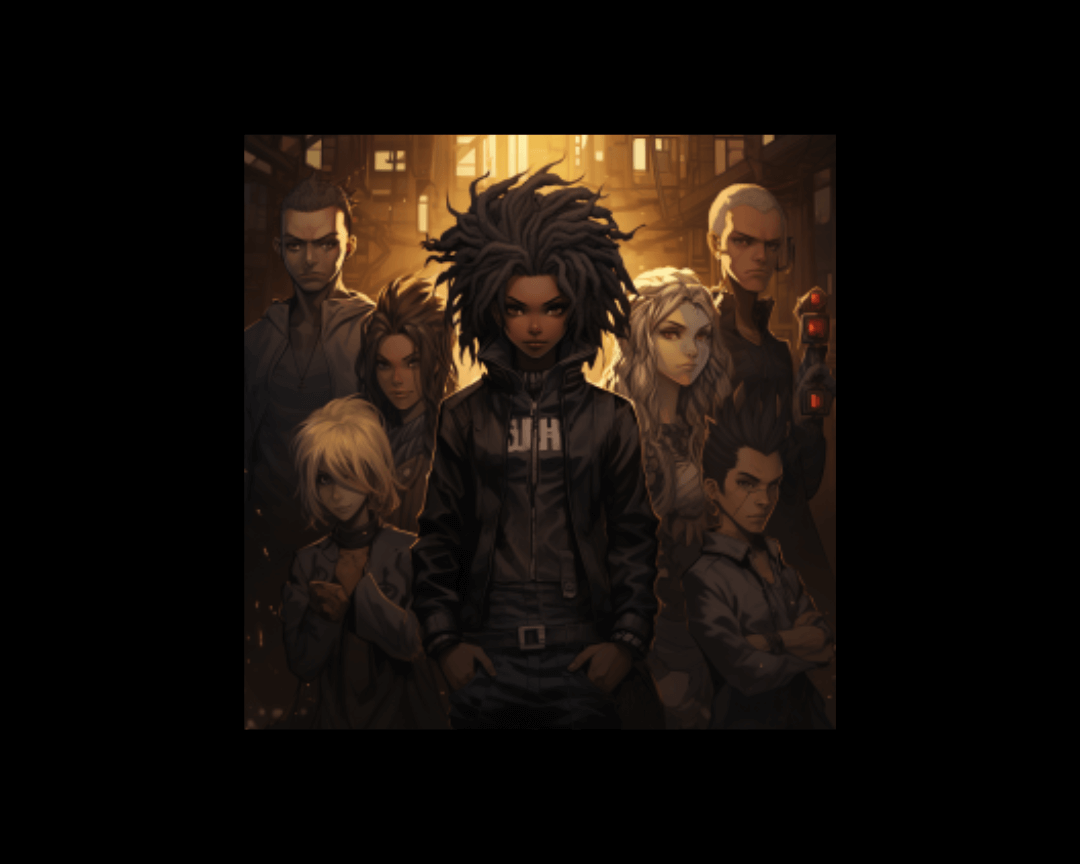 Community of people in an anime-style artform.