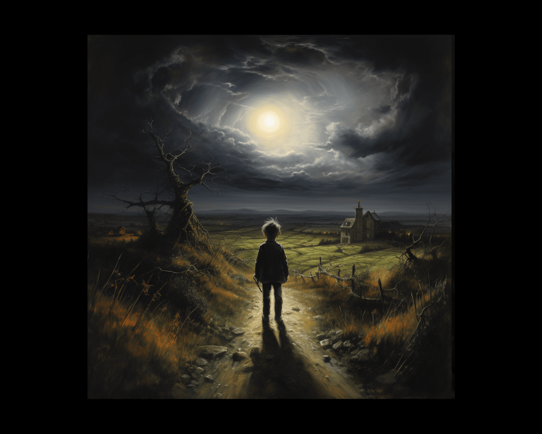 A child standing on a road, landscape painting style.