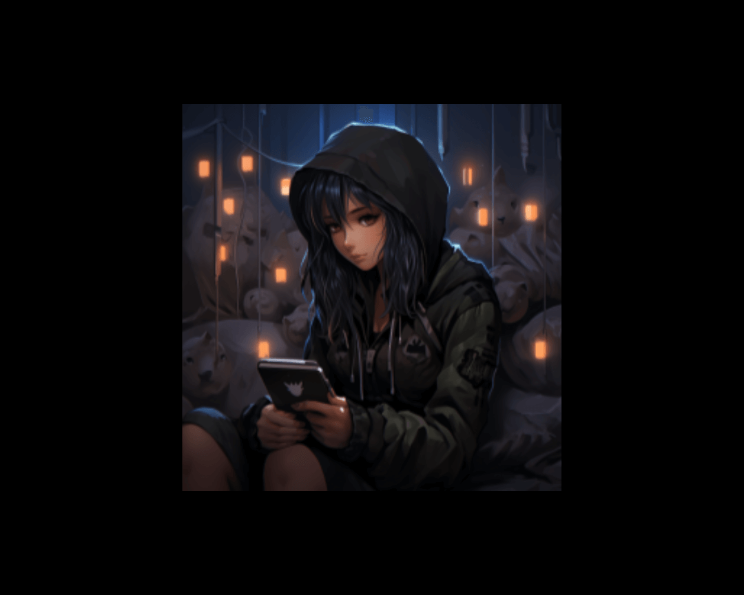 Woman in dark edgy anime style using her phone to enhance her Facebook Messenger business strategy.
