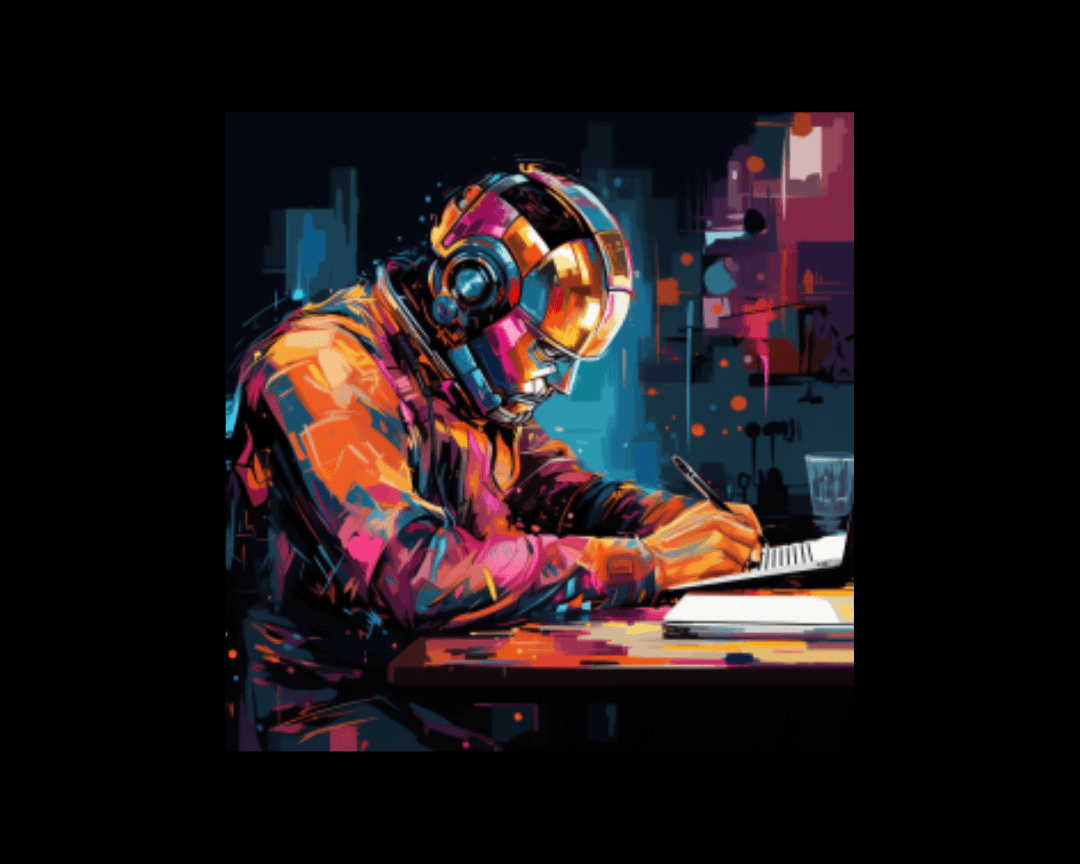 A generative AI robot crafting an email in WPAP style.