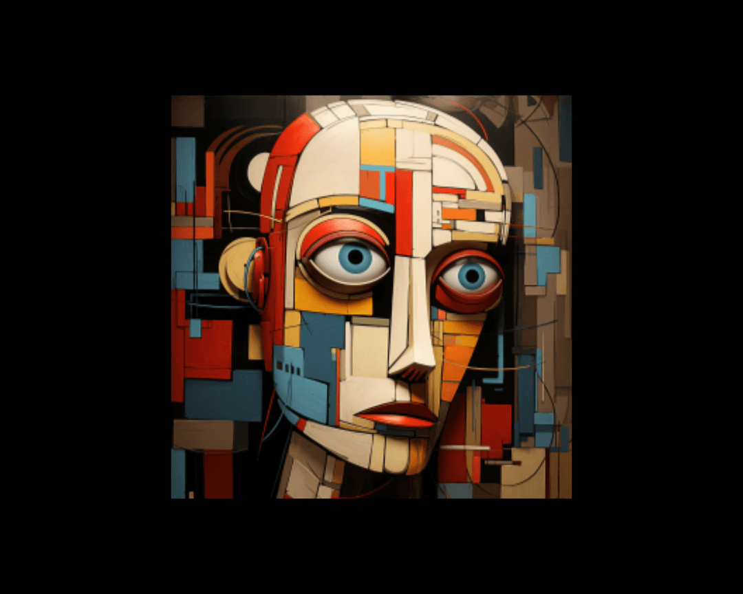 Cubism-style face, looks part human, part robot.