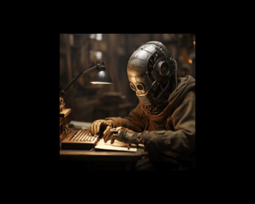 Dystopian-style image of a robot sitting at a typewriter.