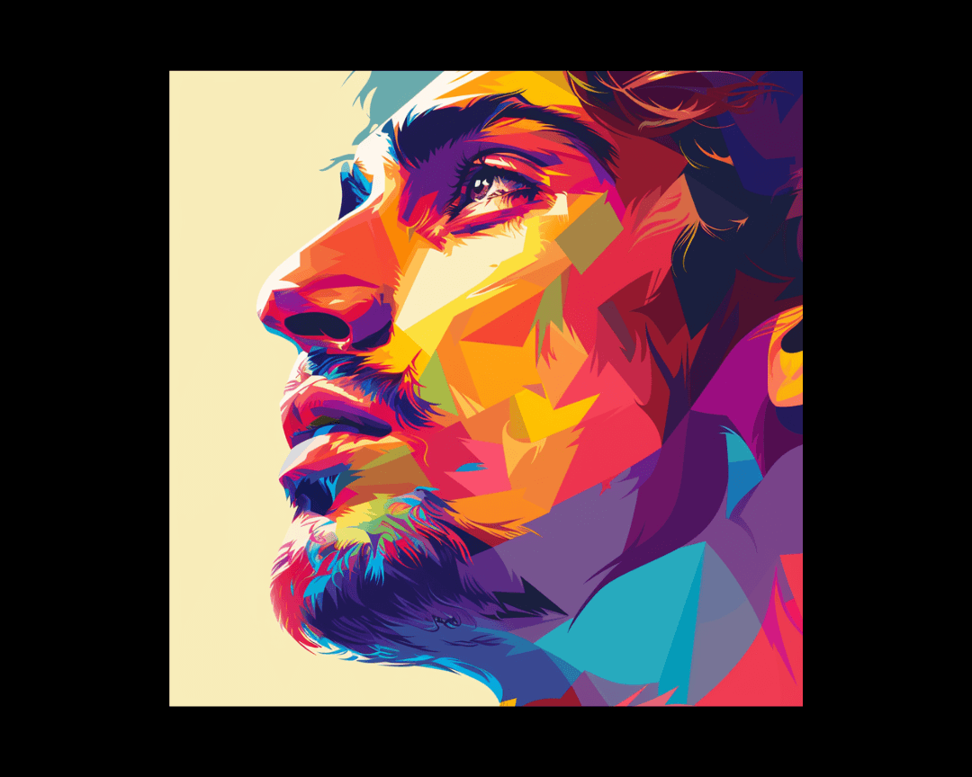 Close up of man in WPAP style looking into the distance. 