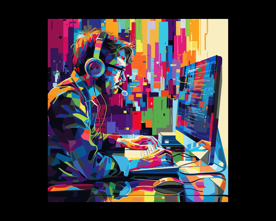 Man with headset on staring at desktop in colorful WPAP style.