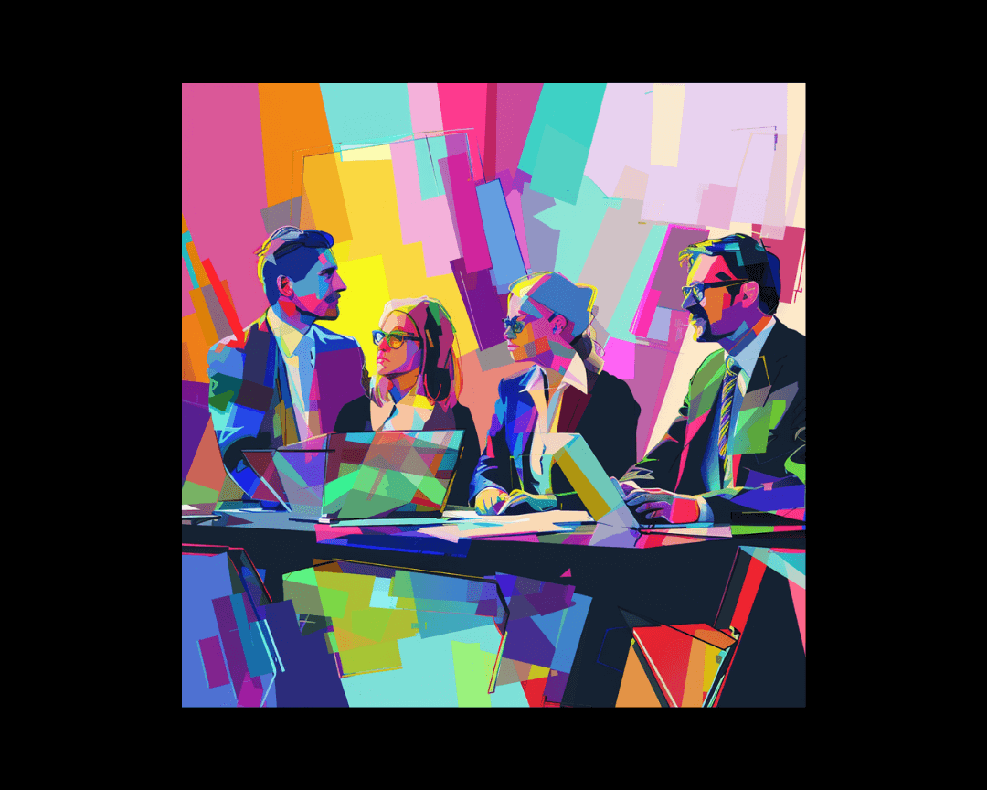 A group of business professionals at a conference in WPAP style.