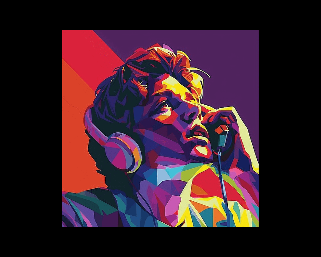 A young man with headphones answering a call in WPAP style.