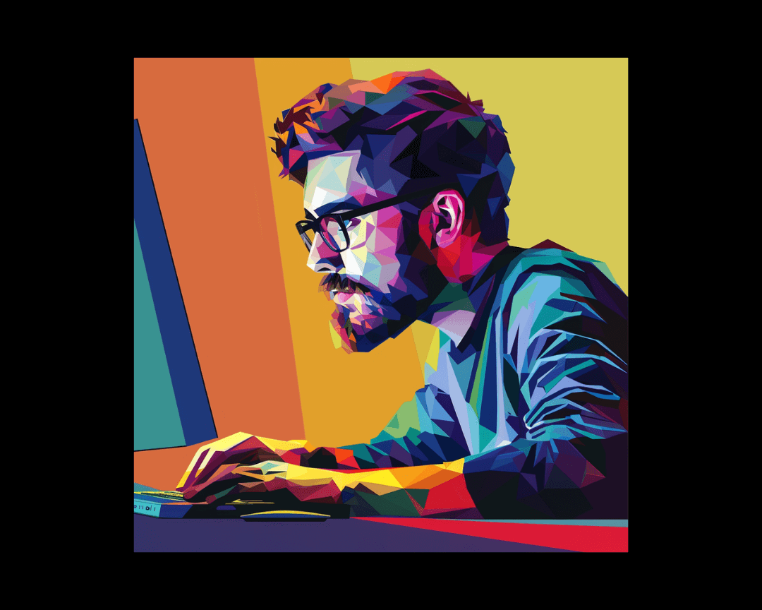 A man wearing glasses coding at a desktop computer in WPAP style.